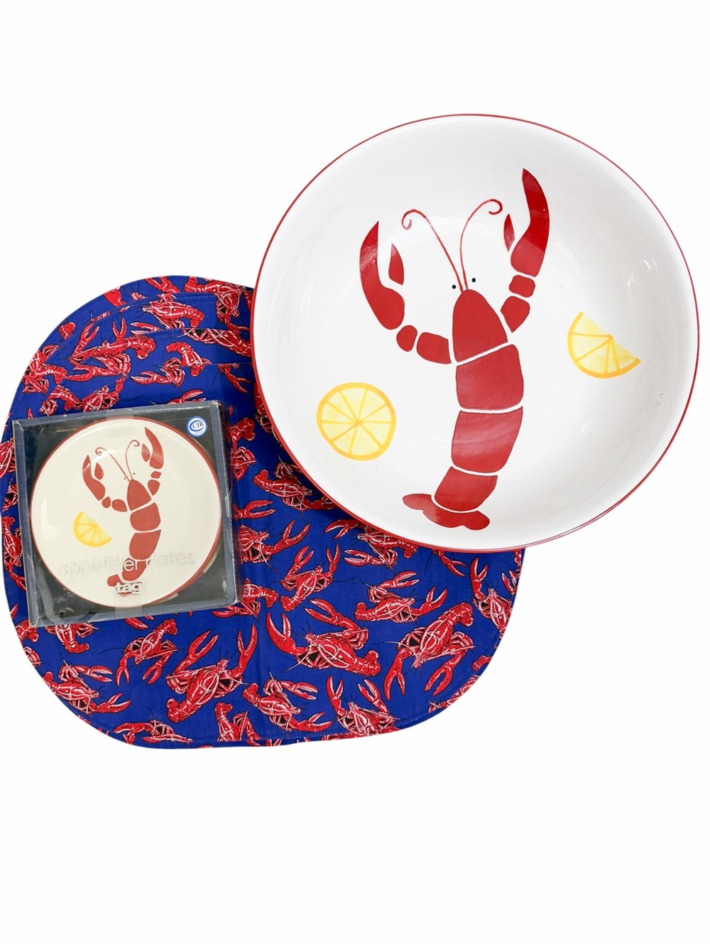 Tag Ltd Lobster Lemon Appetizer Plates & Lobster Serving Bowl & 6 placemats